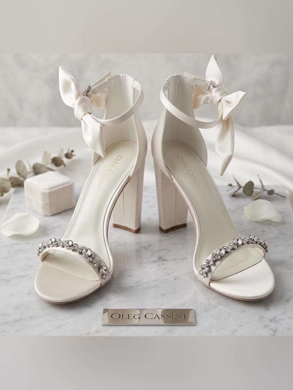 Oleg Cassini  Melanie Ivory Satin Bow Block Heel with Crystal Strap NWT Size 9